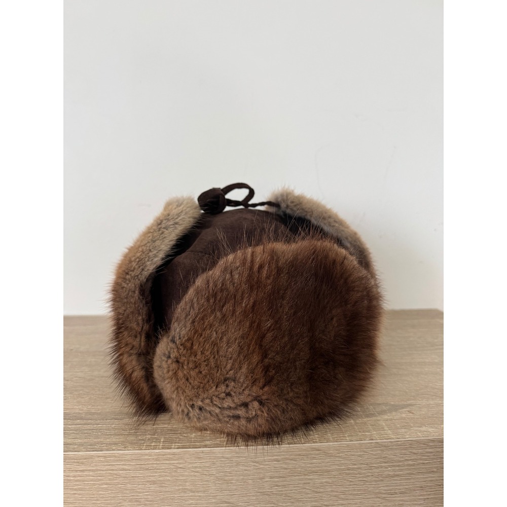 Brown Suede Muskrat Fur Vintage Trapper Hat Made in Canada Large